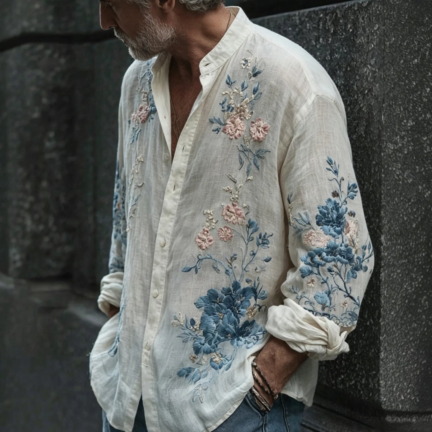 Men's Retro Floral Art Embroidery Cotton Linen Casual Long-sleeved Shirt