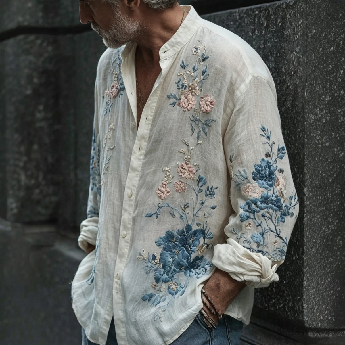 Men's Retro Floral Art Embroidery Cotton Linen Casual Long-sleeved Shirt