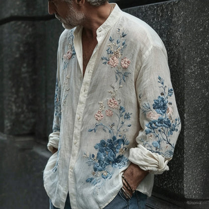 Men's Retro Floral Art Embroidery Cotton Linen Casual Long-sleeved Shirt