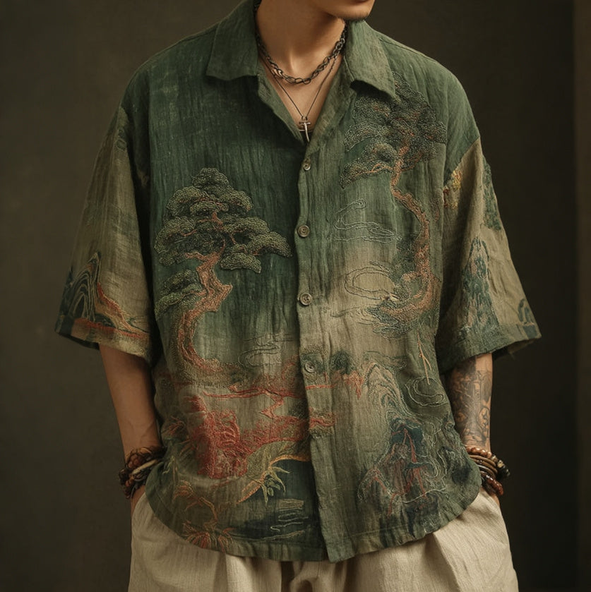 Japanese Landscape Painting Art Linen Turn-down Collar Shirt