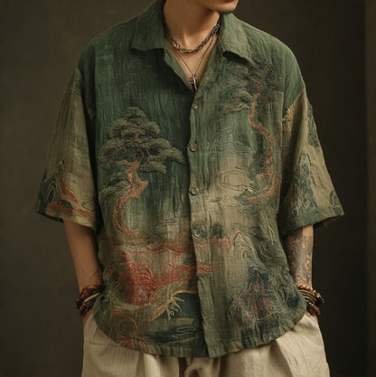Japanese Landscape Painting Art Linen Turn-down Collar Shirt
