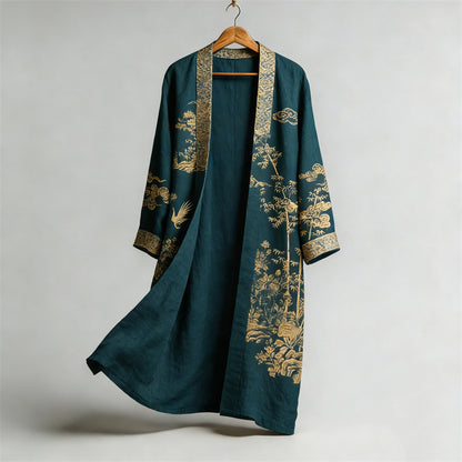 Japanese Bamboo Landscape Flowy Long Linen Kimono