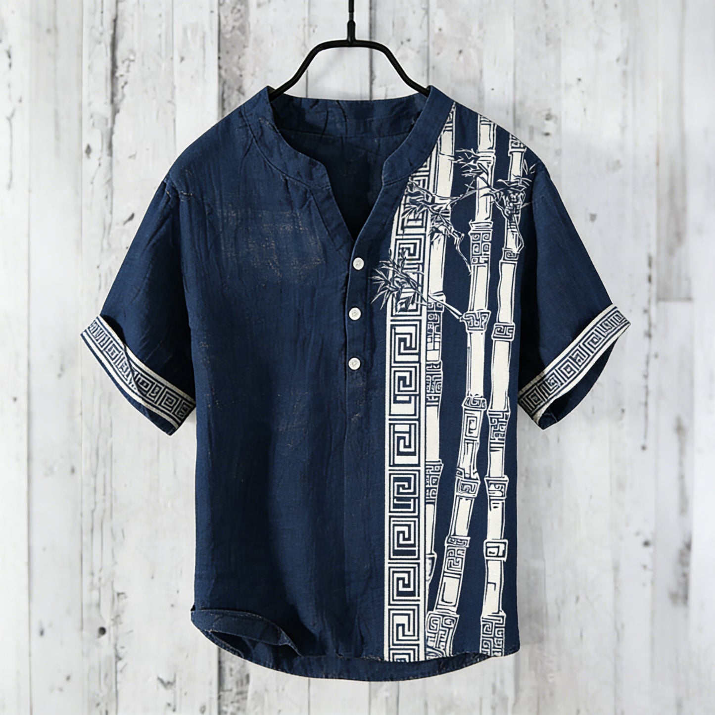 Men's Retro Bamboo Art Pattern Casual Linen Short-sleeve Shirt