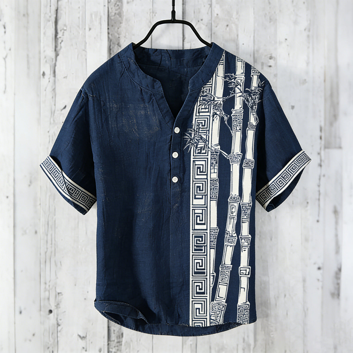 Men's Retro Bamboo Art Pattern Casual Linen Short-sleeve Shirt