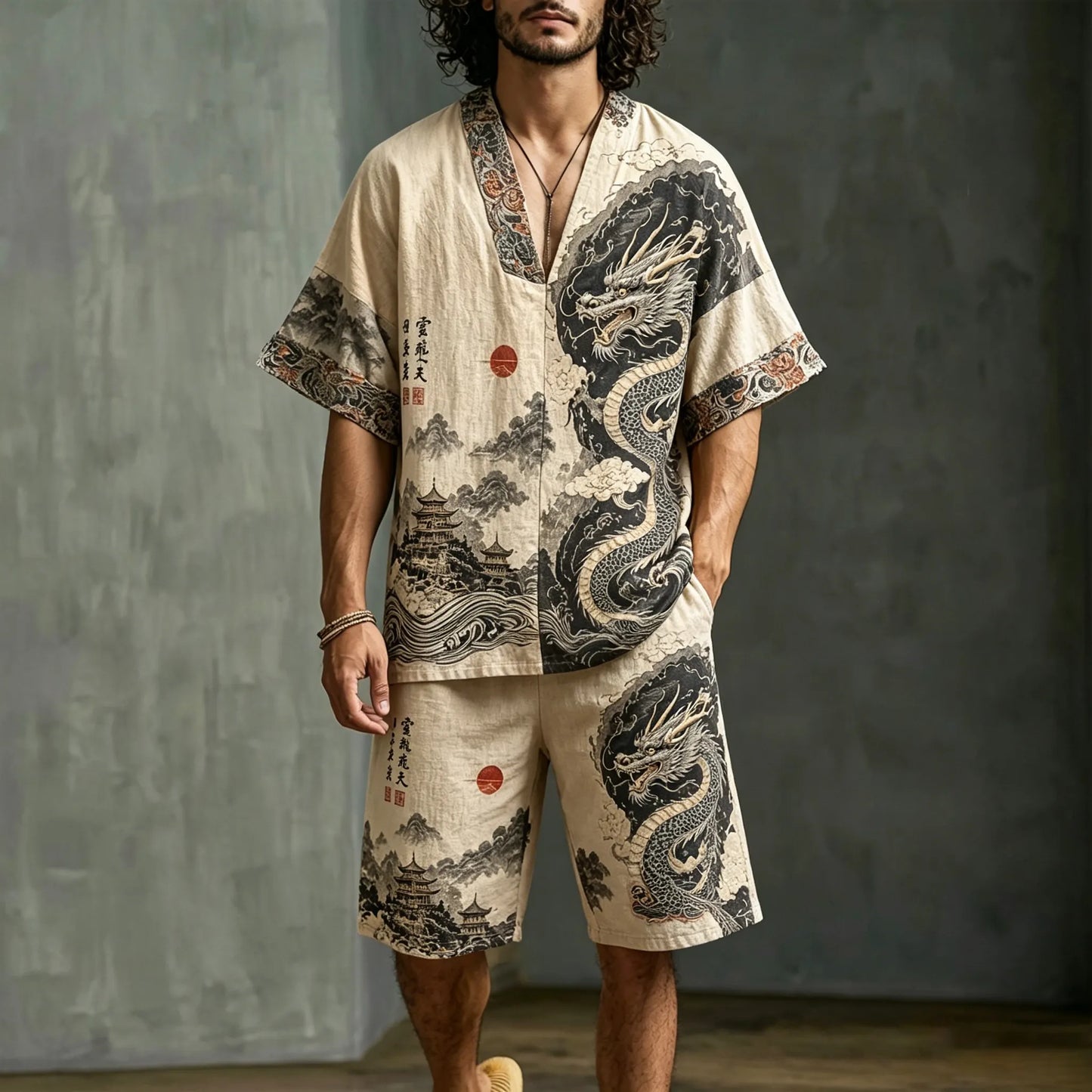 Men's Dragon Letter Landscape Print Cotton Linen V-neck Short-sleeve Shorts Two-piece Set