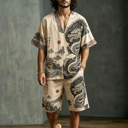 Men's Dragon Letter Landscape Print Cotton Linen V-neck Short-sleeve Shorts Two-piece Set