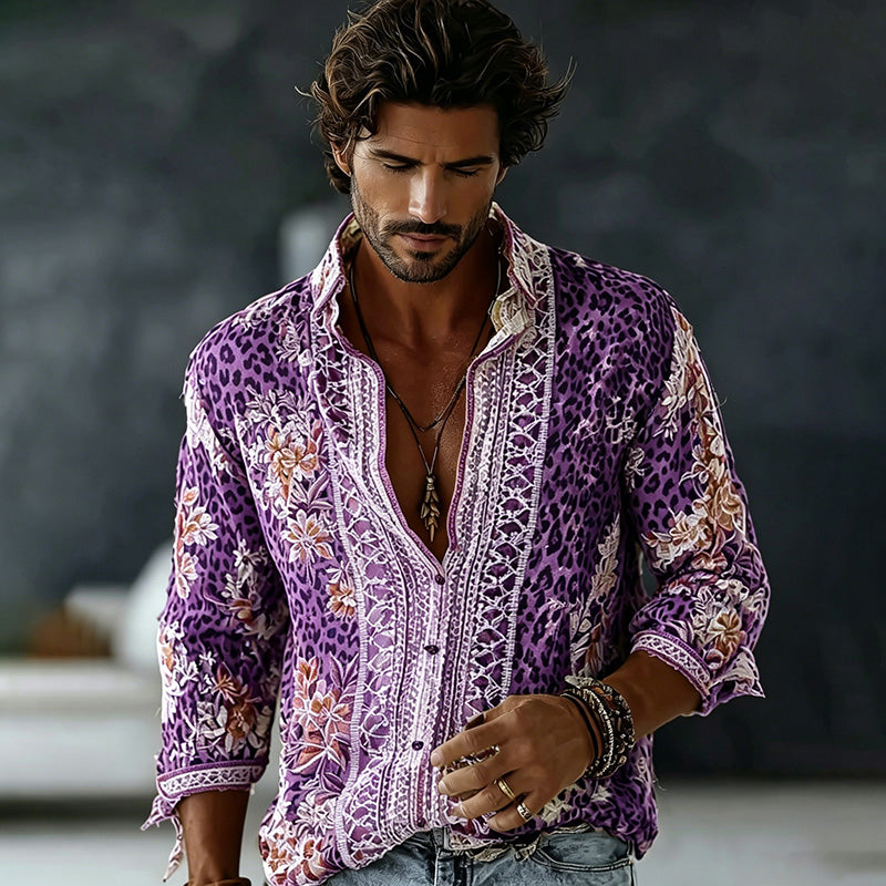 Men's Retro Floral In Leopard Art Print Flowy Linen Blend Shirt