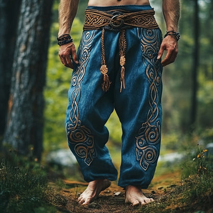 Tribal Viking Celtic Embroidery Art Linen Long Loose Wide-leg Pants