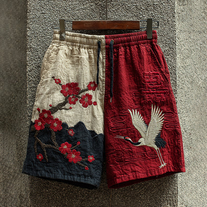 Men's Japanese Retro Style Cranes And Plum Blossoms Art Design Linen Shorts