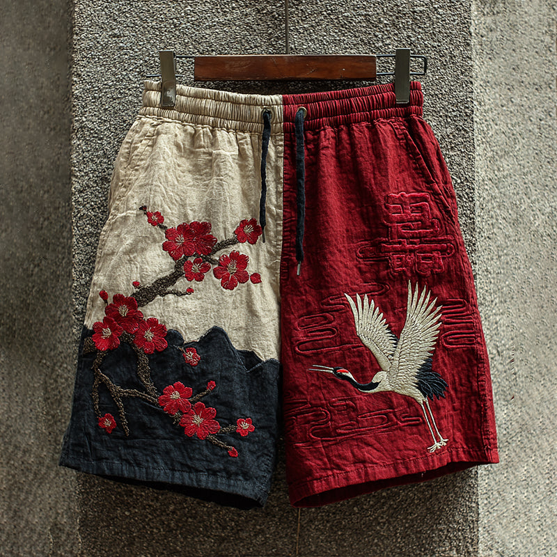 Men's Japanese Retro Style Cranes And Plum Blossoms Art Design Linen Shorts
