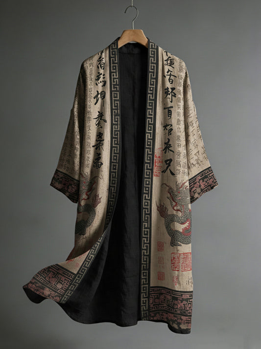 Men's Japanese Dragon Pattern Calligraphy And Painting Art Linen Long Kimono