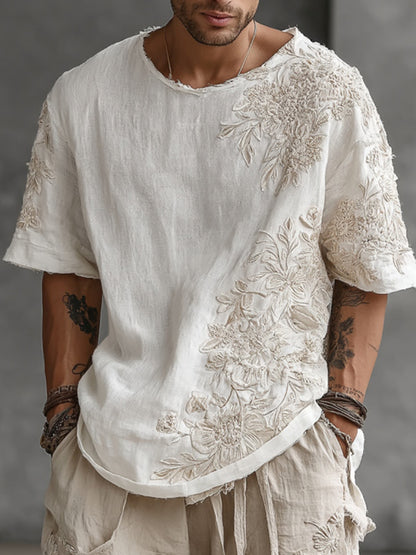 Japanese Floral Embroidered Casual Crew Neck Linen Tops