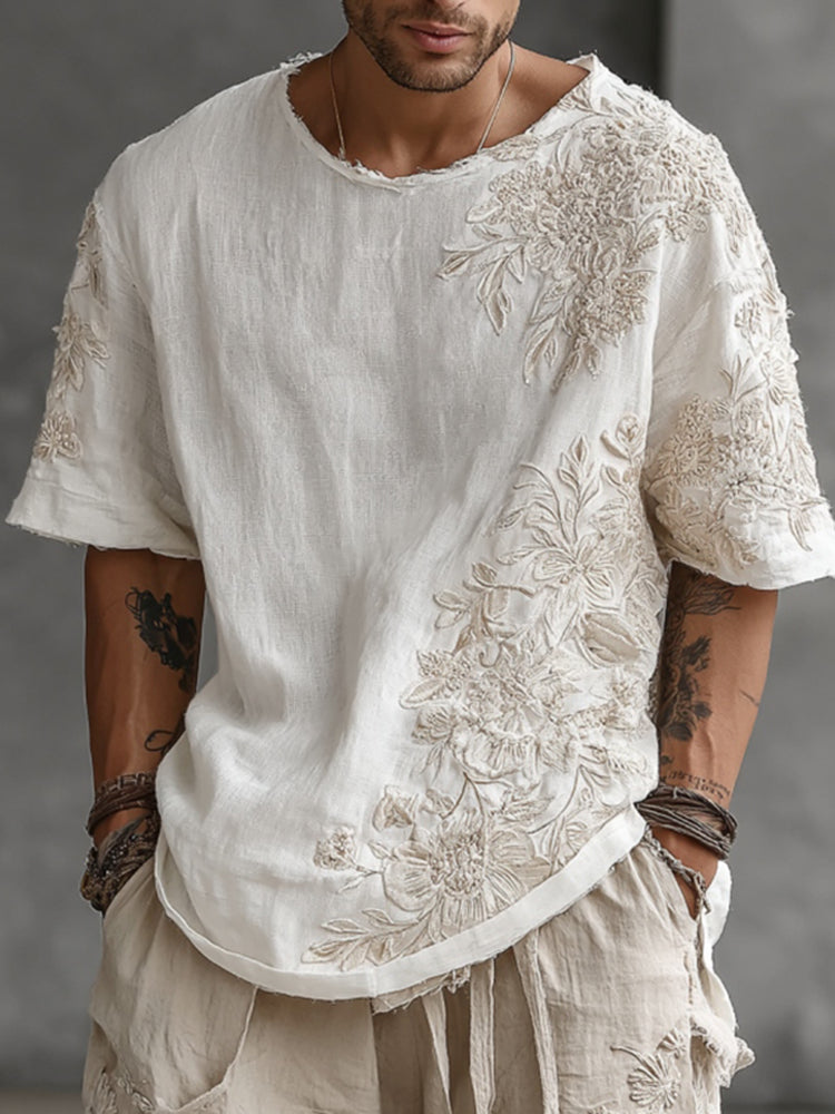 Japanese Floral Embroidered Casual Crew Neck Linen Tops