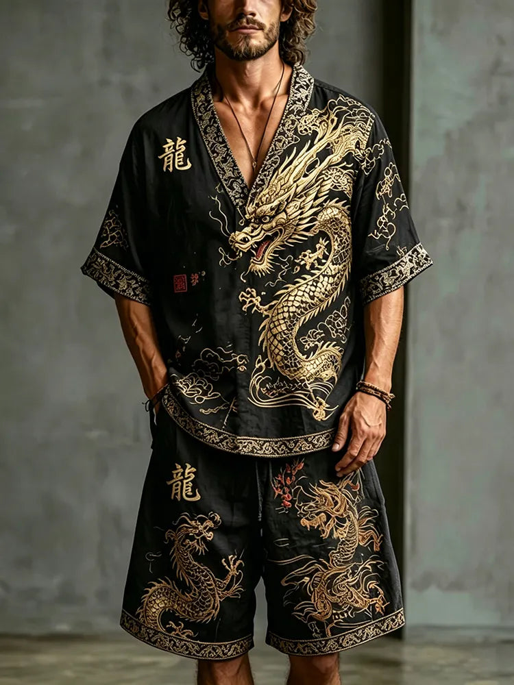 Men's Dragon Letter Cotton Linen V-neck Short-sleeve Shorts Two-piece Set