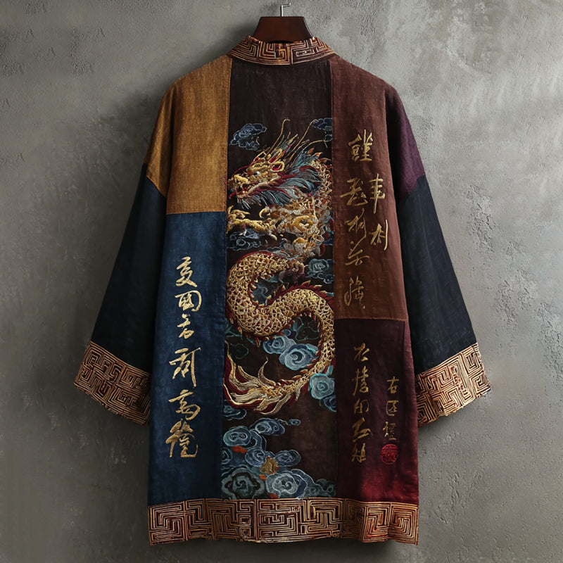 Men's Retro Japanese Calligraphy Dragon Patchwork Art Linen Blend Kimono