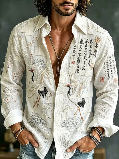 Japanese Cherry Blossom And Crane Men's Casual Linen Long Sleeve Shirt