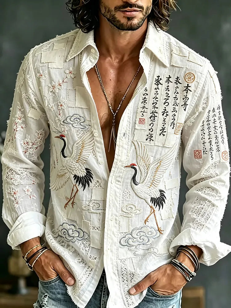 Japanese Cherry Blossom And Crane Men's Casual Linen Long Sleeve Shirt