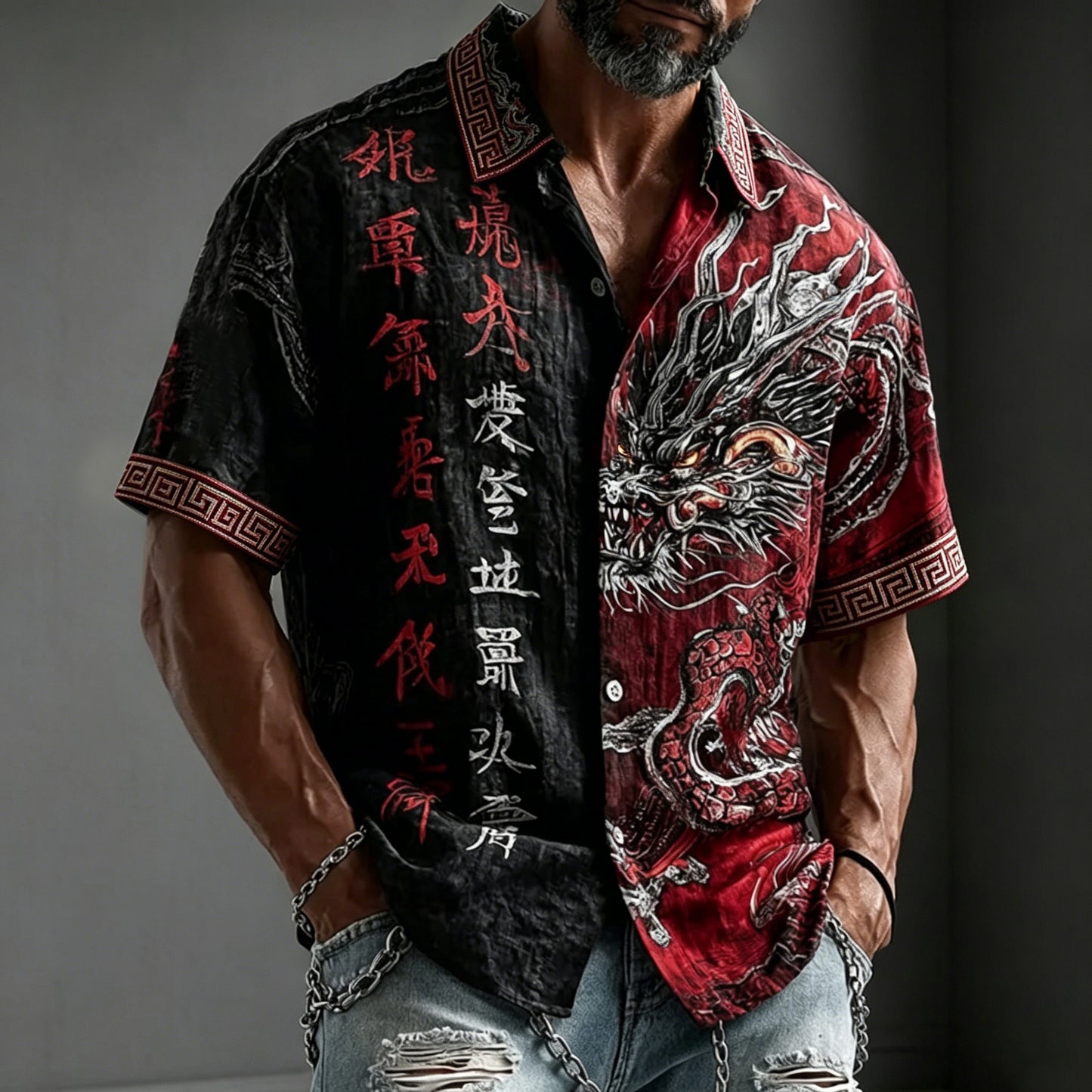 Men's Retro Dragon And Calligraphy Art Pattern Linen Blend Casual Shirt