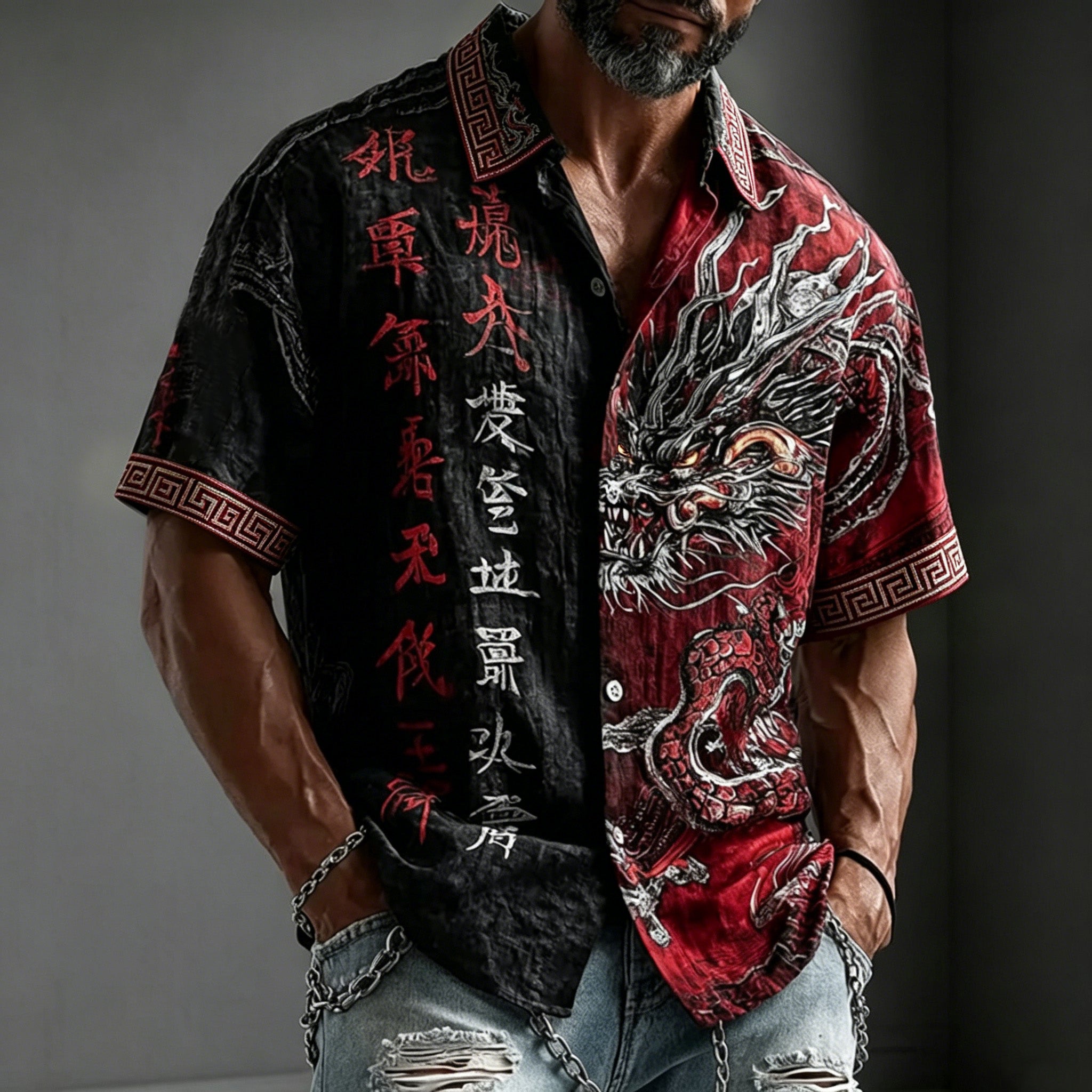 Men's Retro Dragon And Calligraphy Art Pattern Linen Blend Casual Shirt