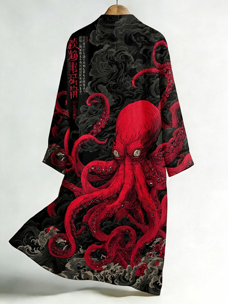 Men's Japanese-style Octopus Print Linen Long Kimono