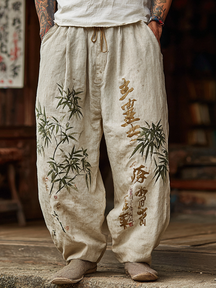 Japanese Retro Bamboo And Calligraphy Line Art Design Men's Casual Linen Long Pants