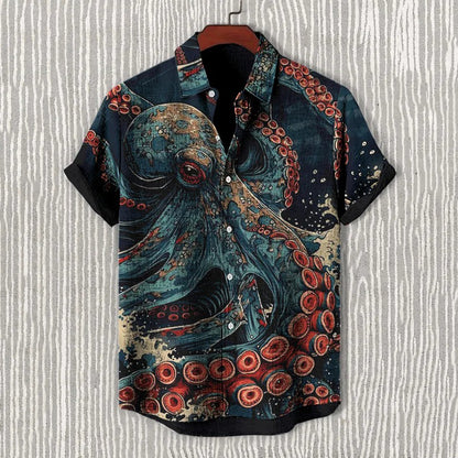 Men's Octopus Japanese Art Print Short Sleeve Shirt