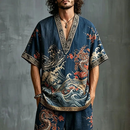 Men's Wave And Plum Blossom Design Cotton Linen V-neck Short-sleeve Shorts Two-piece Set
