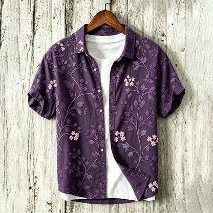 Men's Vintage Floral Art Print Flowy Linen Blend Short Sleeve Shirt