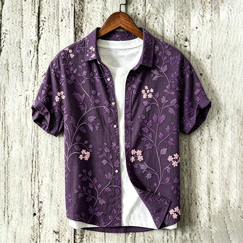 Men's Vintage Floral Art Print Flowy Linen Blend Short Sleeve Shirt