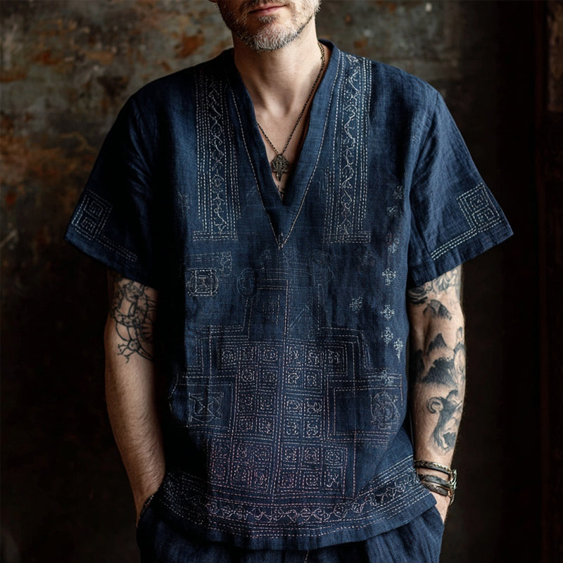 Men's Japanese Sashiko Art Vintage Linen Shirt