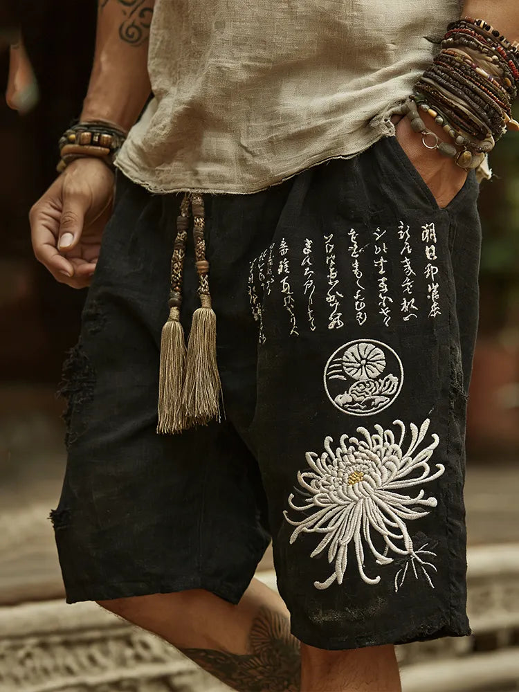 Japanese-style White Chrysanthemum And Calligraphy Art Embroidery Washed Cotton Linen Shorts