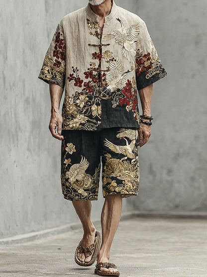 Men's Crane And Cloud Pattern Two-piece Set