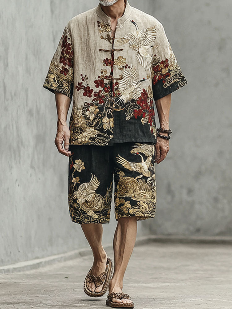 Men's Crane And Cloud Pattern Two-piece Set