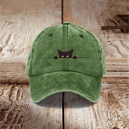 Japanese Art Black Cat Print Washed Hat