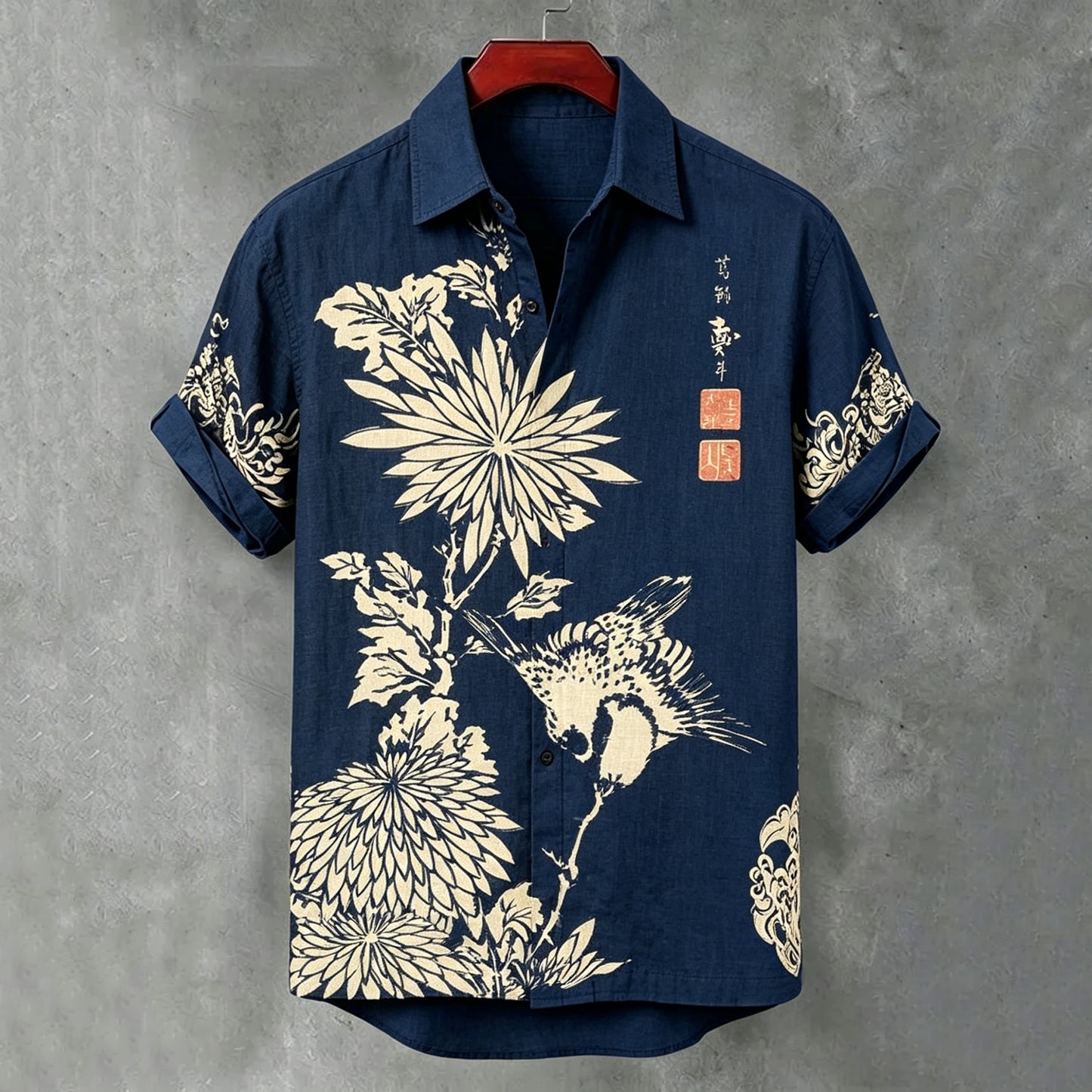 Men's Japanese Art Floral Cotton Linen Short-sleeve Shirt