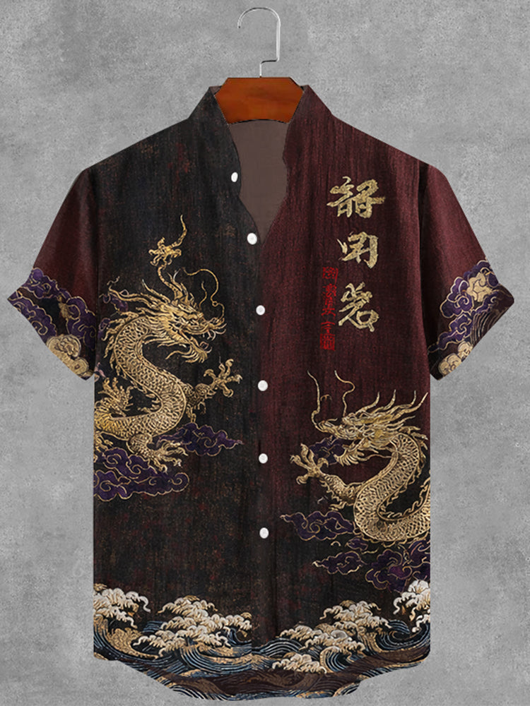 Men's Japanese Retro Dragon Art Casual Linen Shirt
