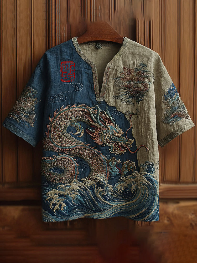 Men's Retro Wave And Dragon Japanese Embroidery Linen Shirt