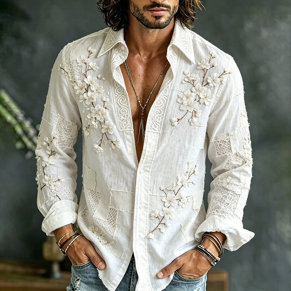 Men's Japanese Style White Cherry Blossom Embroidered Artistic Patchwork Long Sleeve Shirt