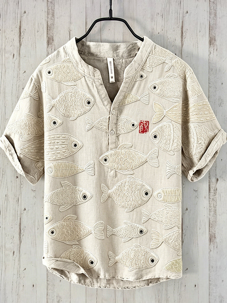 Vintage Fish Japanese Art Long Sleeve Cozy Linen Tunic