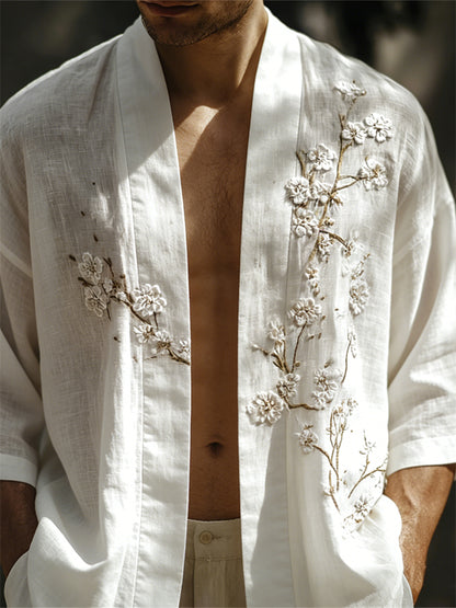 Men's Classy White Almond Blossom Embroidered Linen Kimono