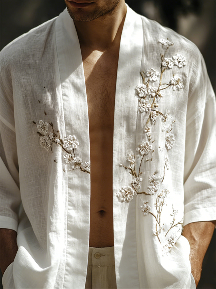 Men's Classy White Almond Blossom Embroidered Linen Kimono