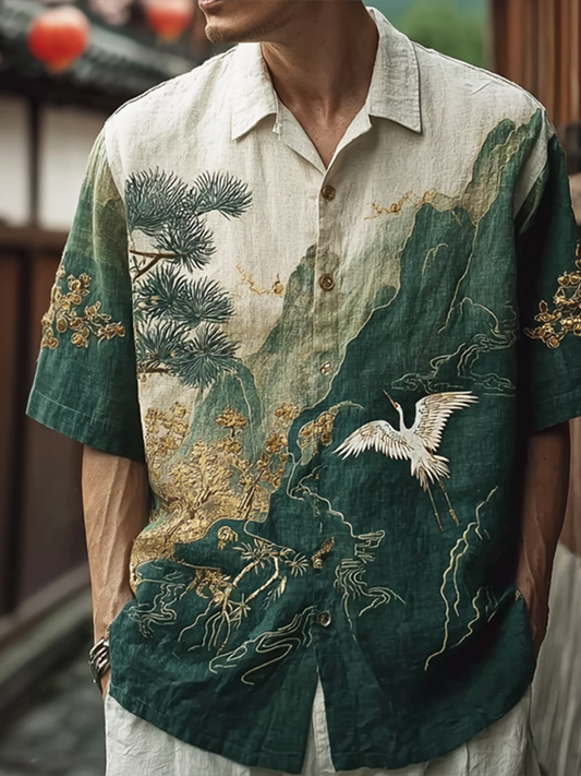 Japanese Art Retro Crane And Landscapes Pattern Casual Linen Short-sleeve Shirt