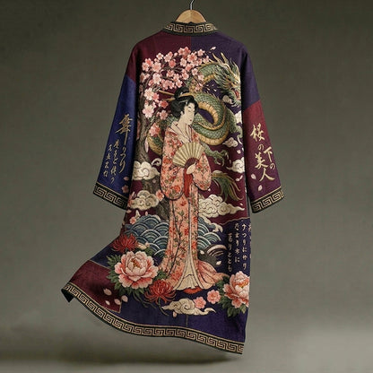 Retro Elegant Japanese Geisha And Dragon Art Linen-blend Long Kimono