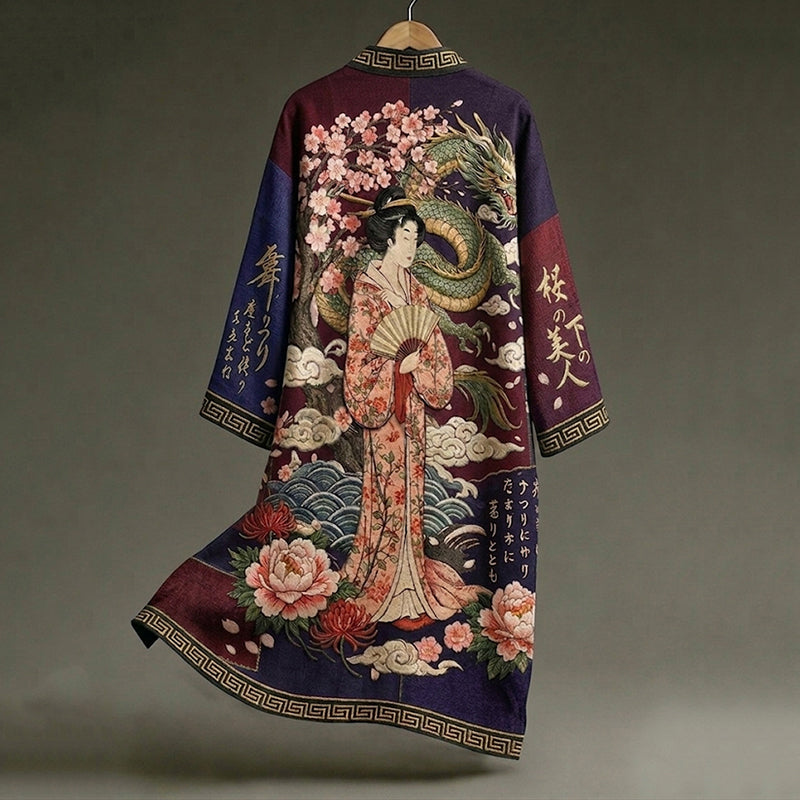 Retro Elegant Japanese Geisha And Dragon Art Linen-blend Long Kimono