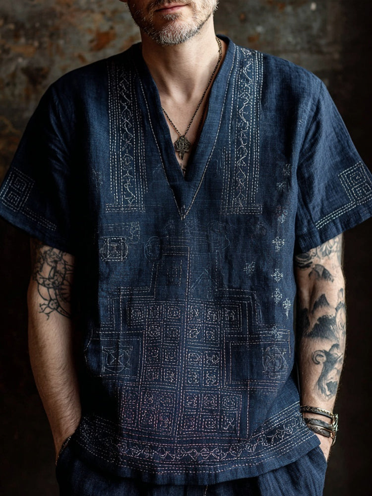 Men's Japanese Sashiko Art Vintage Linen Shirt