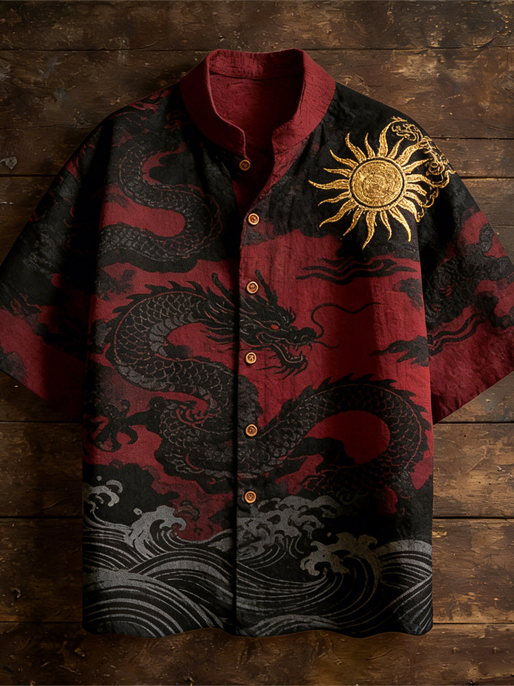 Japanese Ocean & Dragon Totem Men's Linen Short Sleeve Shirt