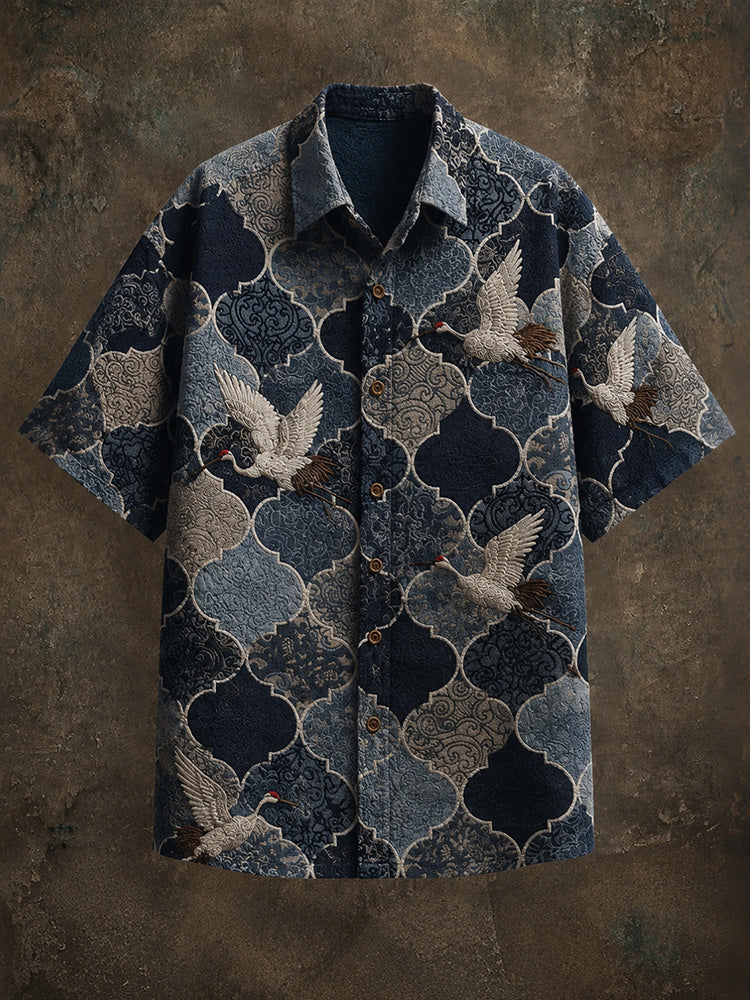 Men's Retro Ethnic Japanese Art Flying Crane Cotton Linen Shirt