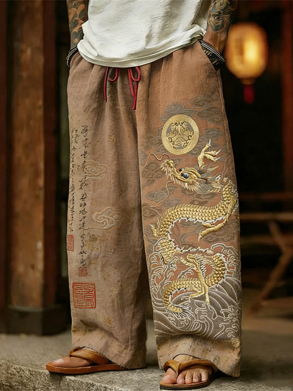 Men's Retro Calligraphy With Dragon Wave Art Linen Pants
