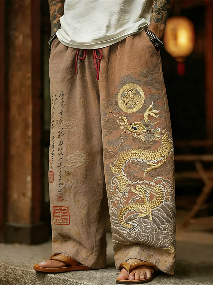Men's Retro Calligraphy With Dragon Wave Art Linen Pants