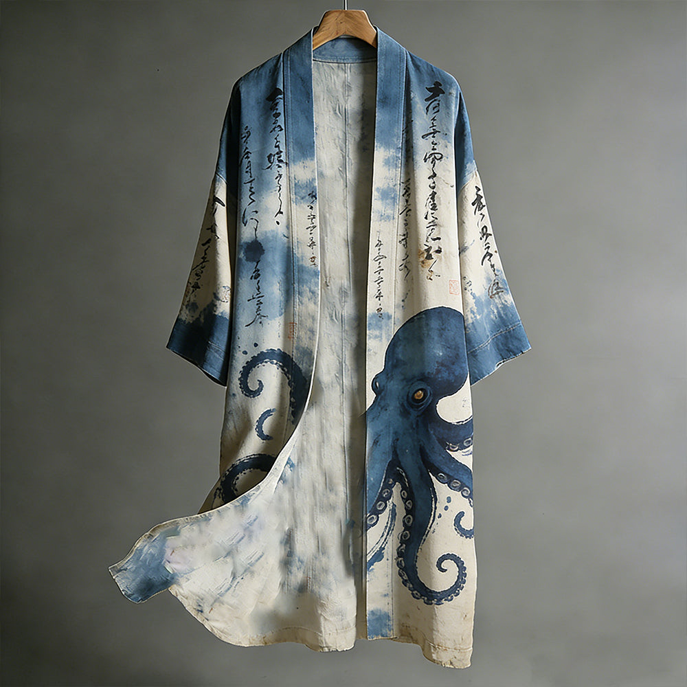 Men's Japanese Art Octopus Font Tie-dye Art And Kimono